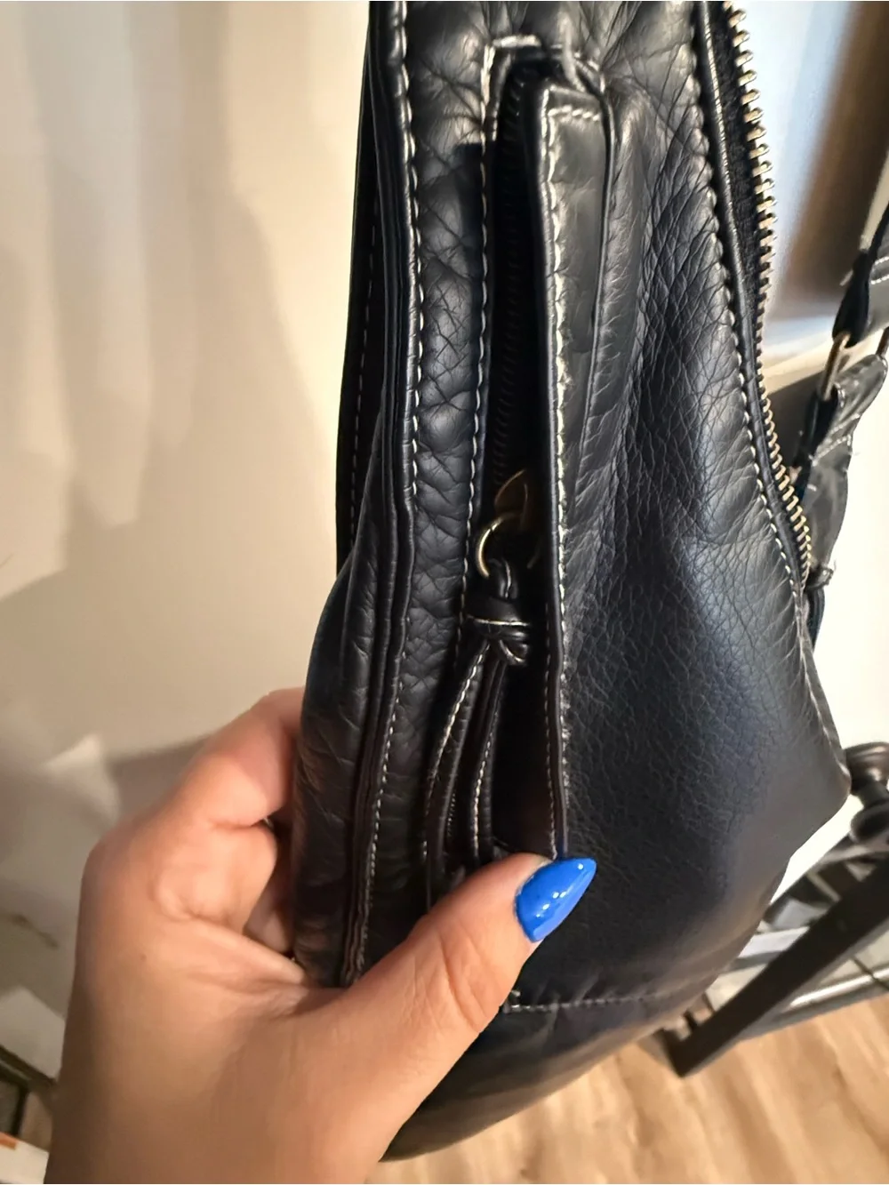 Soff Black Leather Shoulder/Crossbody Bag with Top Zip